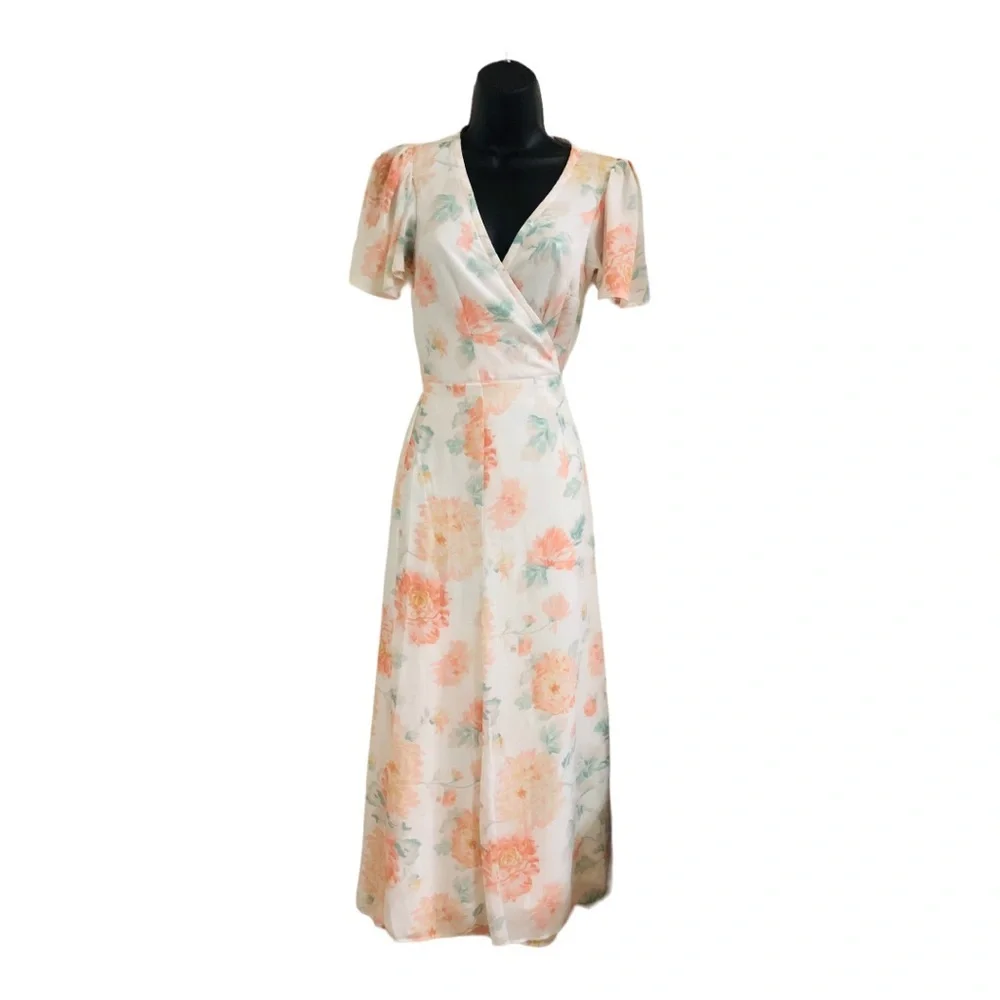 Abercrombie & Fitch white orange floral flutter sleeve wrap dress size small new